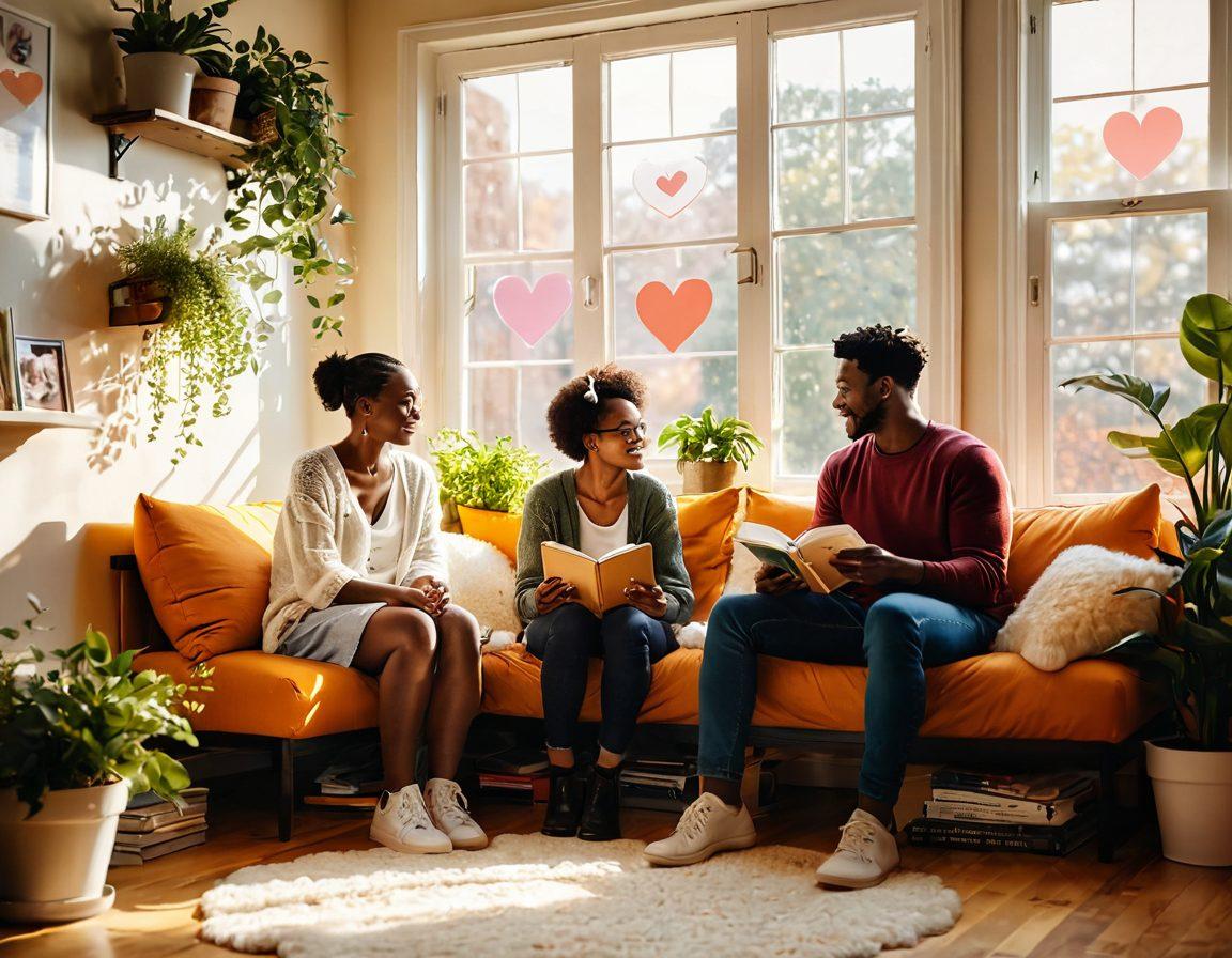 A warm and inviting scene of two diverse individuals sitting close together, engaged in heartfelt conversation, with soft sunlight streaming through a window. Surround them with symbols of communication like speech bubbles and heart shapes. Incorporate elements like a cozy living room with plants and books, reflecting a nurturing environment. Colorful and soothing tones to evoke intimacy and connection. super-realistic. vibrant colors. soft focus.