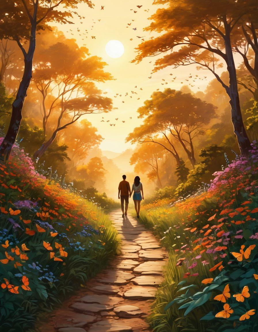 A serene landscape depicting a winding path through a lush forest, where two silhouettes of a couple walk hand in hand, surrounded by butterflies and blooming flowers, symbolizing love and companionship. The sun is setting in the background, casting a warm golden glow on the scene, enhancing the sense of a journey filled with hope and adventure. super-realistic. vibrant colors.