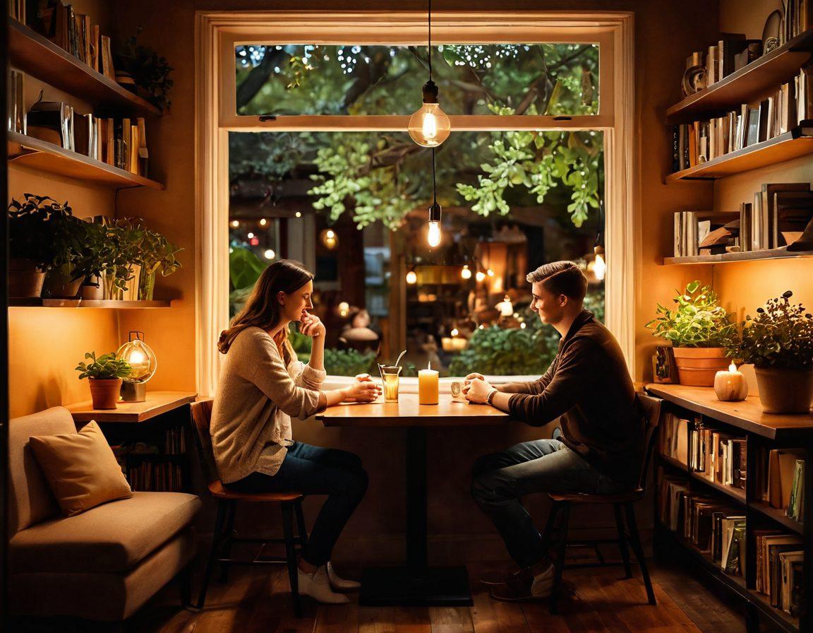 A warm, inviting scene depicting two people in a cozy coffee shop, engaged in a heartfelt conversation. Surround them with soft candlelight and a backdrop of a vintage bookshelf symbolizing wisdom. Include elements of nature, like plants and a window showing blossoming trees, to convey growth and freshness in relationships. super-realistic. warm colors. soft focus.